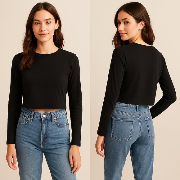 AMAZON ESSENTIALS 🖤 Women’s Cropped Long Sleeve Tee 👩 Size S ✨ - Picture 1 of 7